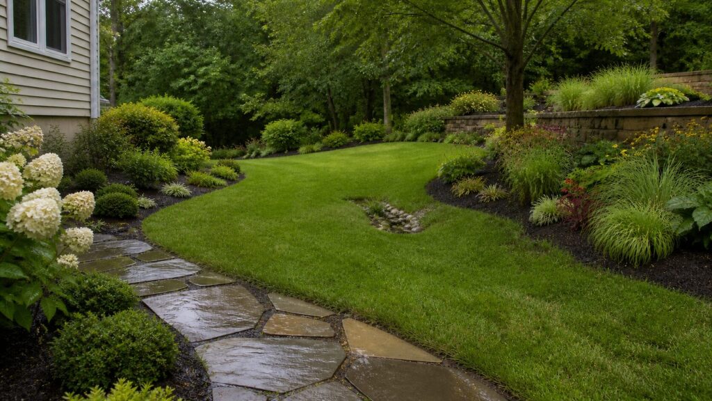 North Jersey backyard with graded lawn stone path and planted slope after rain
