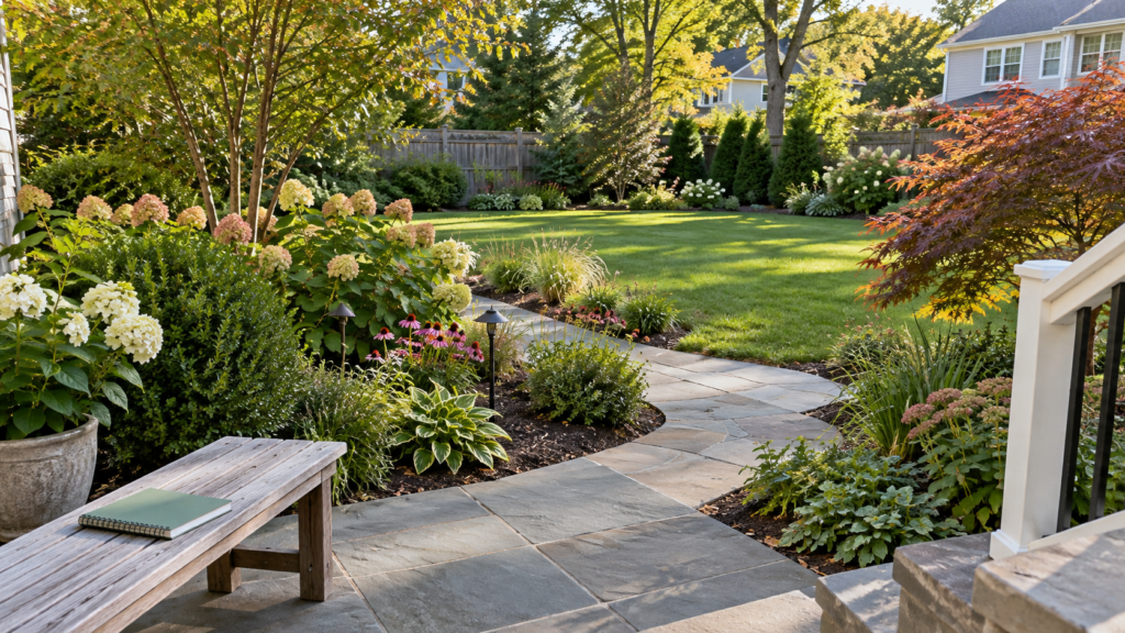 Illustrative North Jersey planting beds arranged beside a clear garden walkway