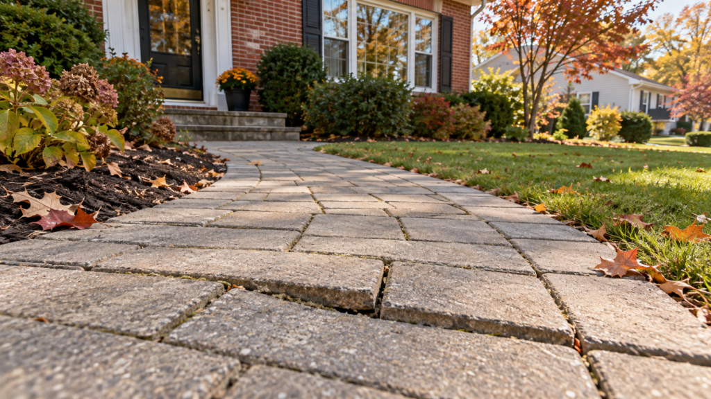 Illustrative North Jersey paver walkway with a small settled section awaiting professional review